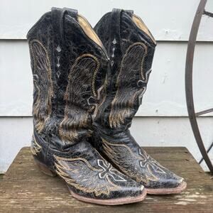 Corral Boots 7 1/2 M Black Gold Leather Cross Angel Wing Cowgirl Boots A1967